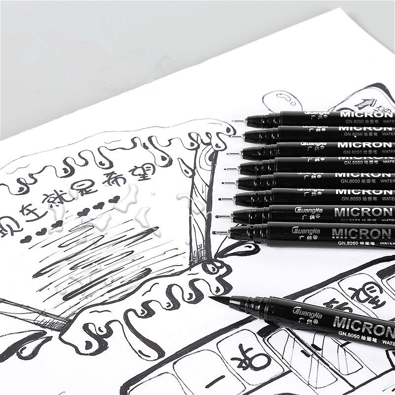 Pigment Liner Ink Paint Brush Marker Pen 0.05 0.1 0.2 0.3 0.4 0.5 0.6 0.8 Different Tip Black Fineliner Sketching Brush Pen Pens