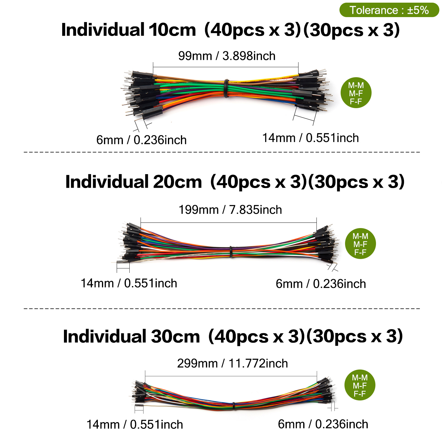 10cm 20cm 30cm 24AWG Dupont Cable Line Copper Long Ribbon Jumper Wire Male Female Connector Kit Set for DIY Arduino Breadboard