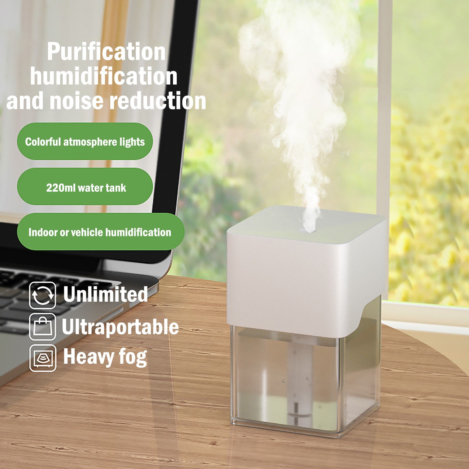 220ml Usb Charging Humidifier Led Night Light Display Home Air Purifier Two Mode Adjuster Air Humidifier For Smart Home: White