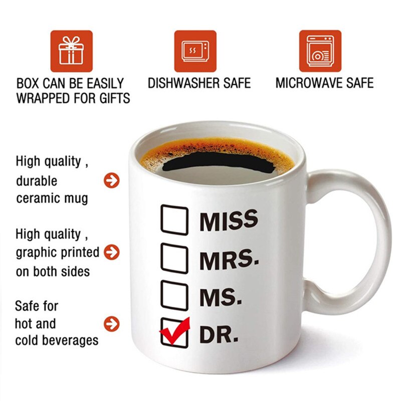 Miss Mrs Ms Dr. Coffee Mugs and Cups Eco Friendly White Ceramic Drinkware Cup Milk Beer Mug Funny Unique For Phd Graduate