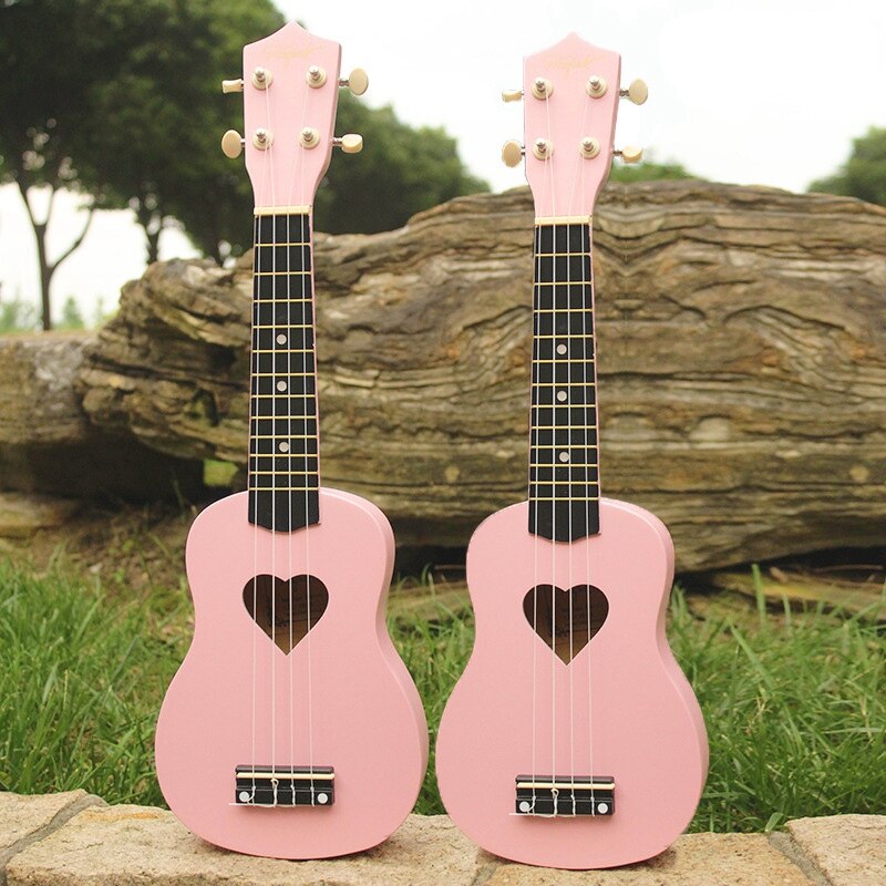 Ukulele Roze 21 Inch 4 Strings Ukelele Goedkope Hawaii Mini Gitaar Hartvormige Tone Hole Basswood Hout