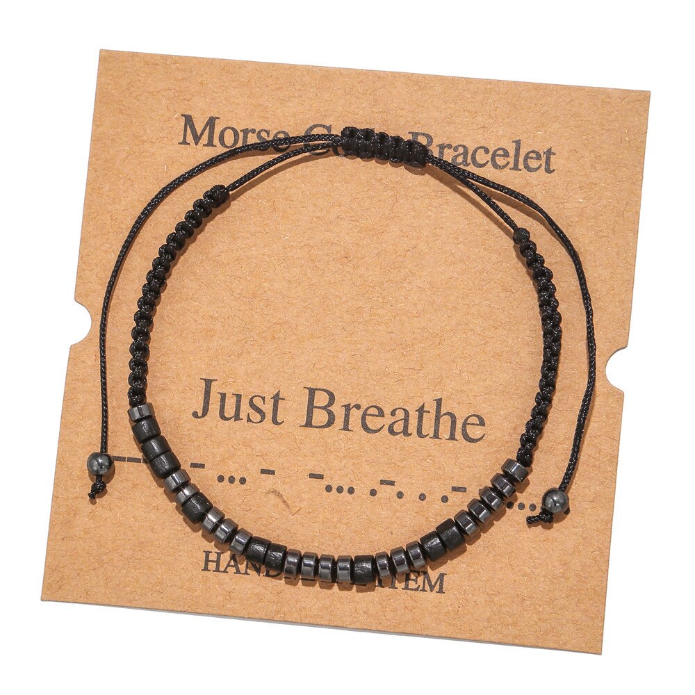 Morse Code Bracelet Black Iron Stone Beaded Hand-woven Card Couple Bracelet: Just Breathe