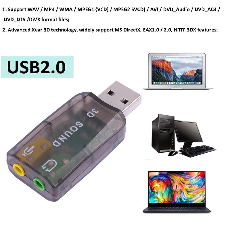 Multi-channel USB 2.0 Sound Card Virtual 5.1 Channel 3D Audio Adapter for Desktop Laptop Notebook Computer PC