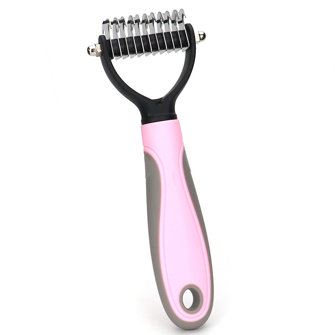 Pet Safe Dematting Comb Cat Dog Hair Removal Grooming Shedding Tools Fur Trimming Deshedding Brush Double Sided Long Curly: Pink / L 17X9cm