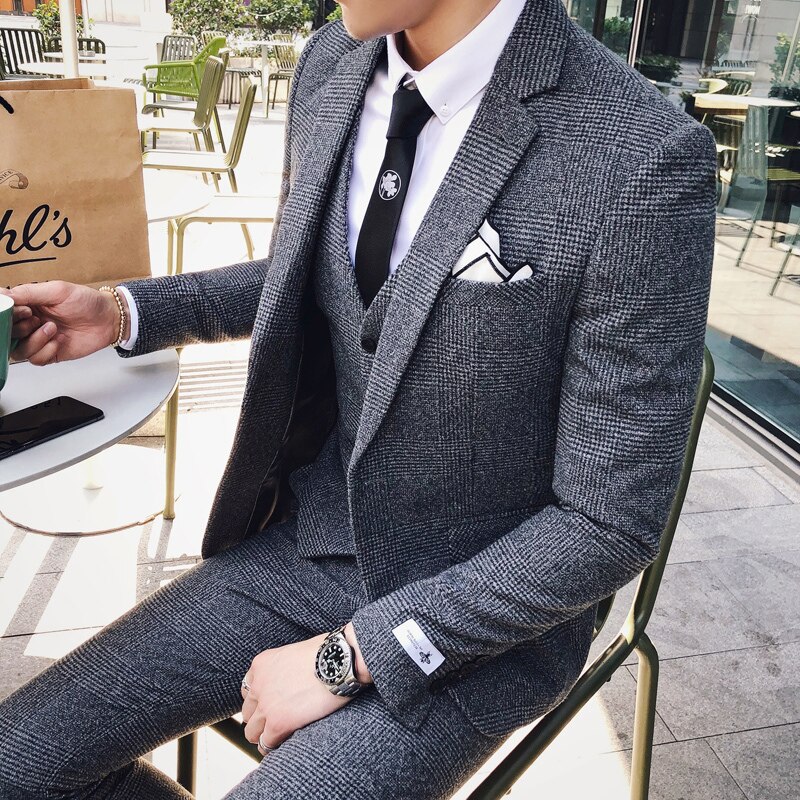 Business Formal Tuxedo Social Casacas Hombre Azul Terno Preto Slim Fit Gray Retro Plaid Suits Mens