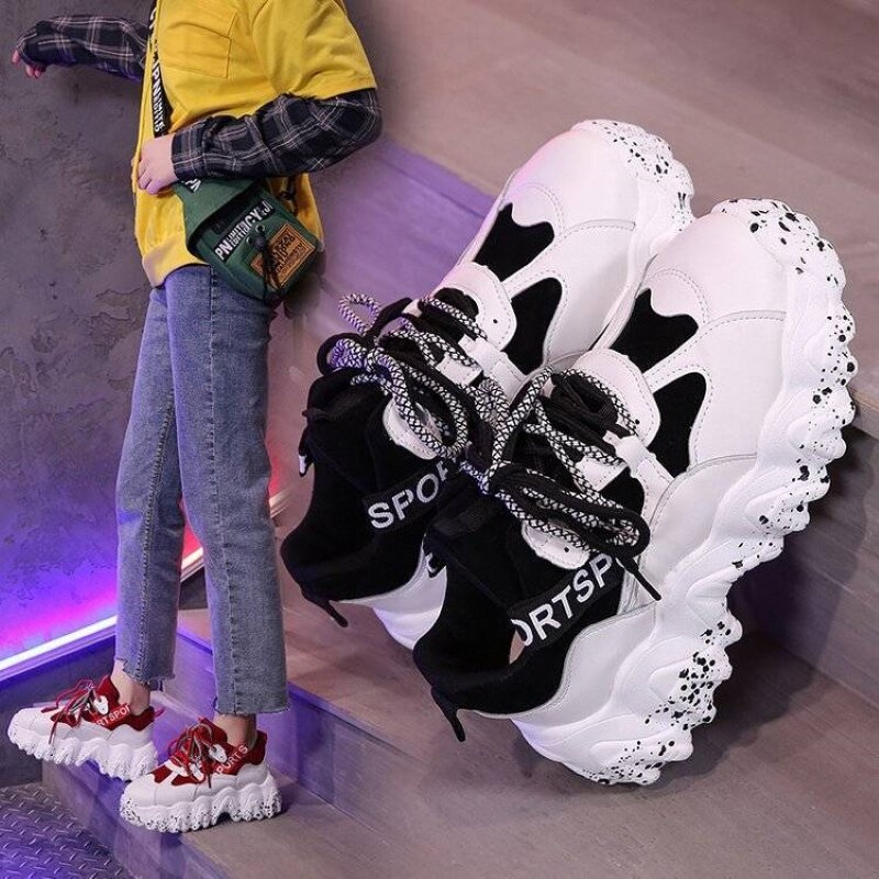 Damskie buty sportowe superfine fibre daddy shoes ins grube dno babeczki 5 kolorów opcjonalne buty do biegania z nadrukiem rozlanego atramentu trampki