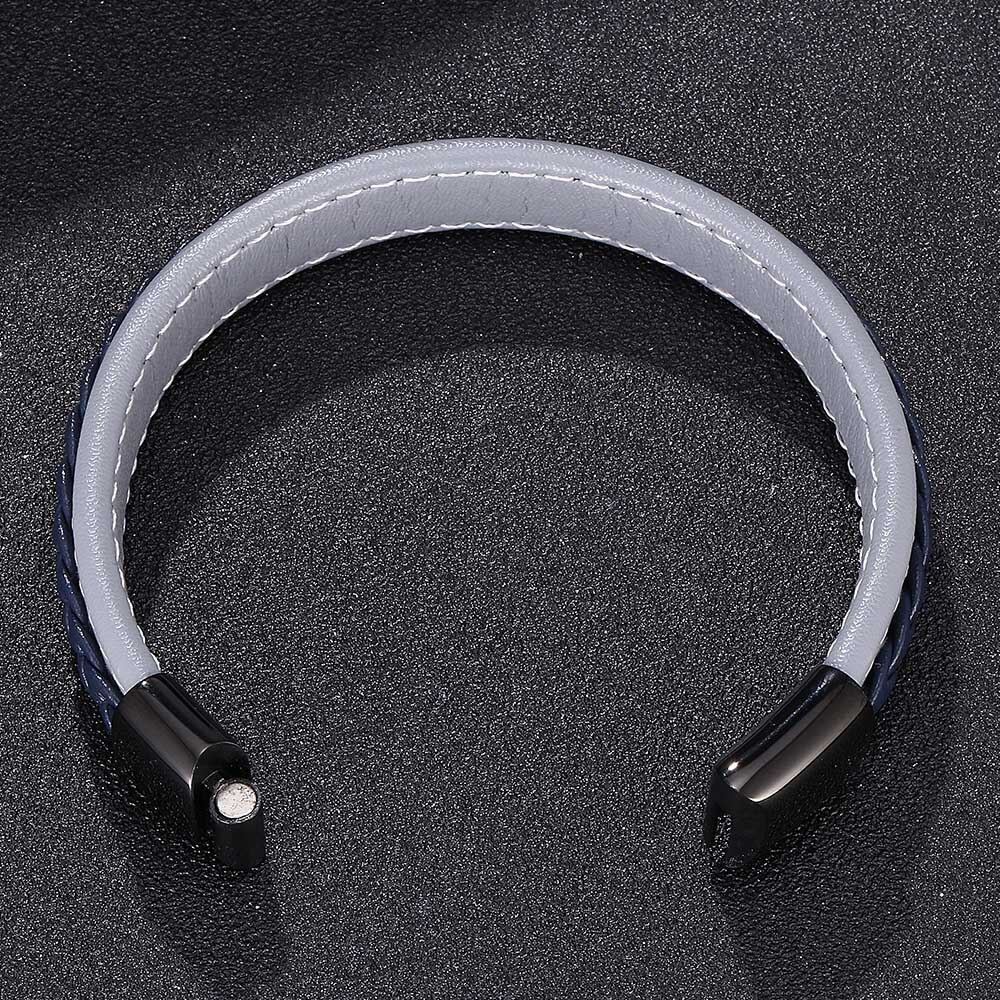 FORTAFY Men Punk Jewelry Gray &amp; Blue Braided Leather Bracelet for Mens Bracelets Stainless Steel Magnetic Clasp Wristband FR0011