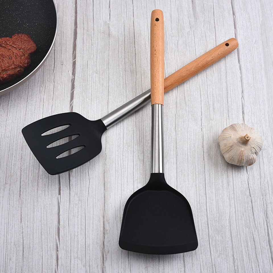 Espátula de silicona Flexible, utensilio de cocina, huevo, galleta, antiadherente, tortitas con mango de madera