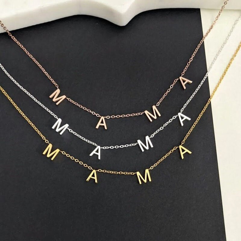 Collares minimalistas con letras de MAMA para mujer, joyería con placa con nombre, collares con iniciales de oro rosa de acero inoxidable, para el día de la madre