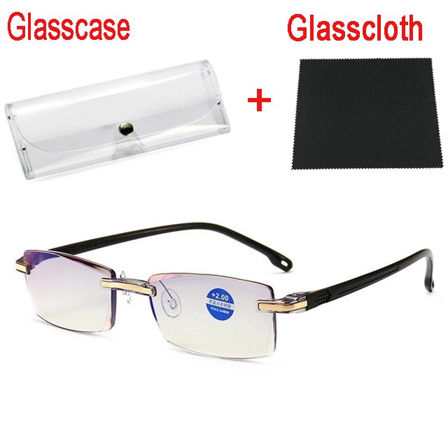 Anti-blauw licht montuurloze bril high-end diamantvormige bril man vrouw leesbril +1.0 to +4.0 met glasdoek: 300 / Zwart