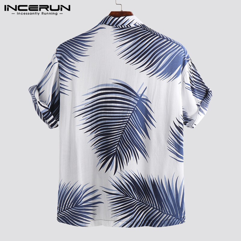 INCERUN Summer Men Beach Hawaiian Shirts Printed Lapel Neck Short Sleeve Casual Brand Men Tropical Tops Chemise