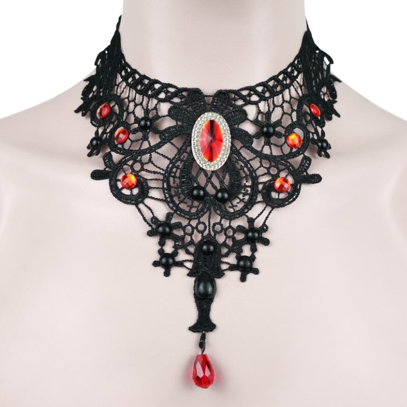 2025 Gothic Jewelry Red Bat Halloween Necklace Lace Choker Necklace for Women Nightmare Before Christmas Black Layered Necklace: Plating Gun