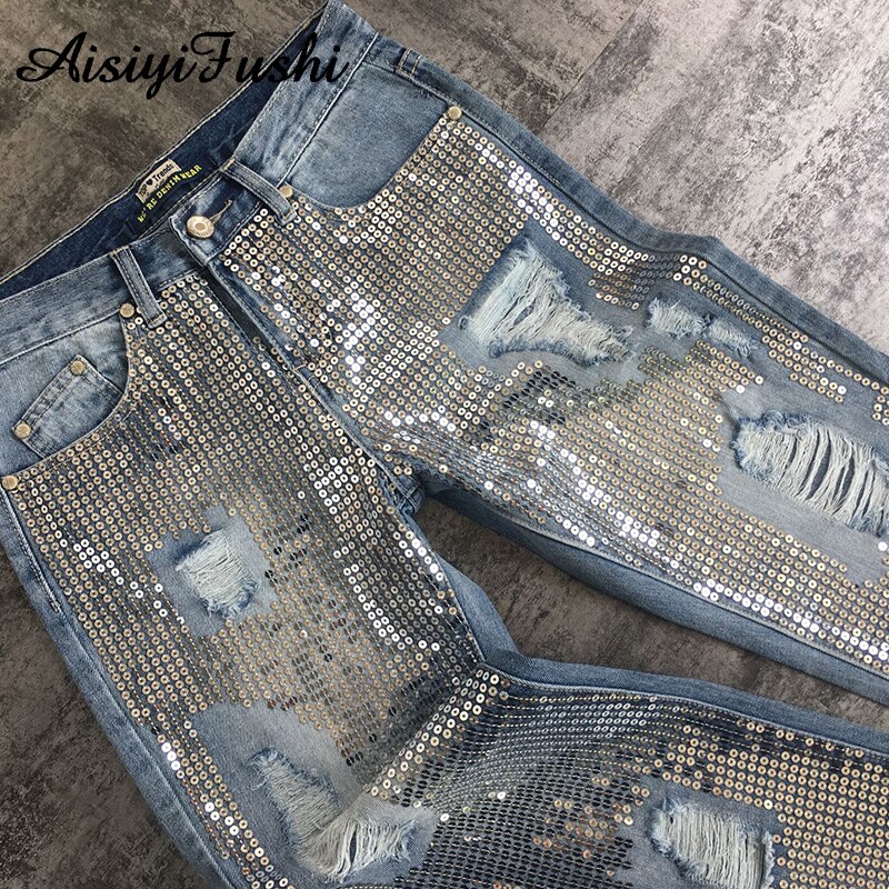 Sequin Ripped Jeans For Women Bottom Streetwear Hole Zipper Fringe Ripped Jeans Pants Women's Denim Trousers Loose Female