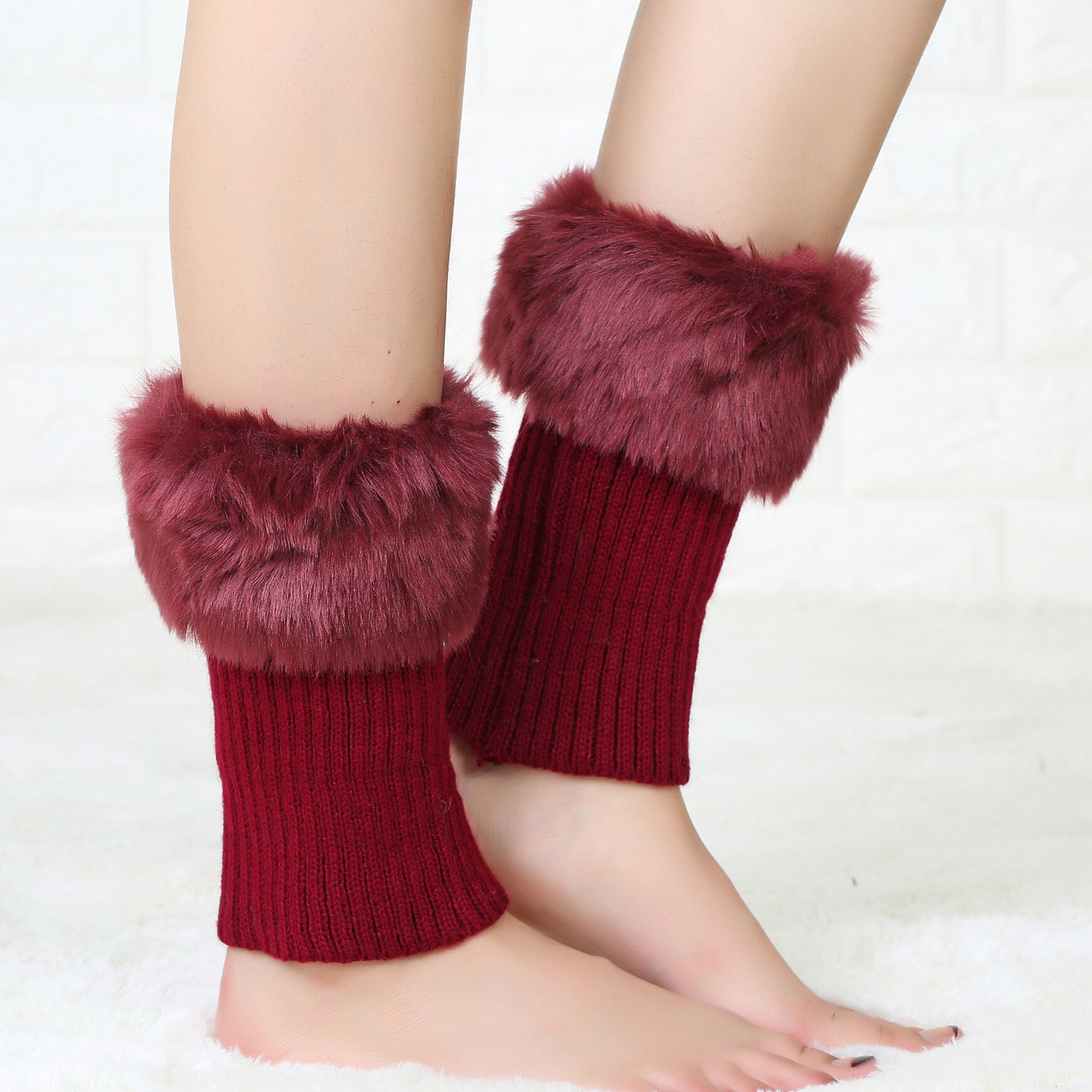 Fluffig päls benvärmare dam för stövlar faux vinter stickad varm damask stickad dam trim manschetter toppers strumpor kvinnligt lår: Röd