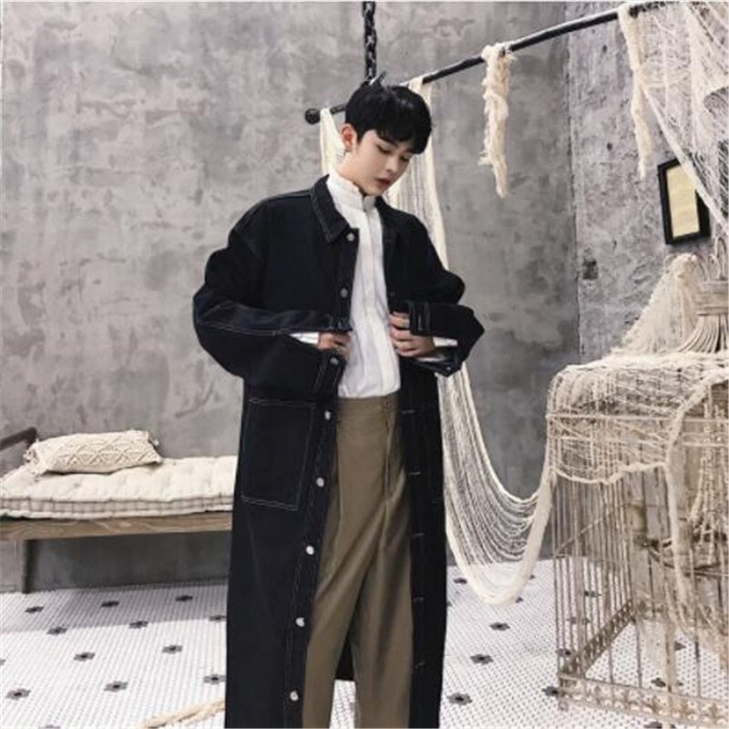 Mannen Lange Casual Denim Trenchcoat Streetwear Hip Hop Mode Losse Cowboy Vest Jas Mannelijke Jean Windbreaker Overjas