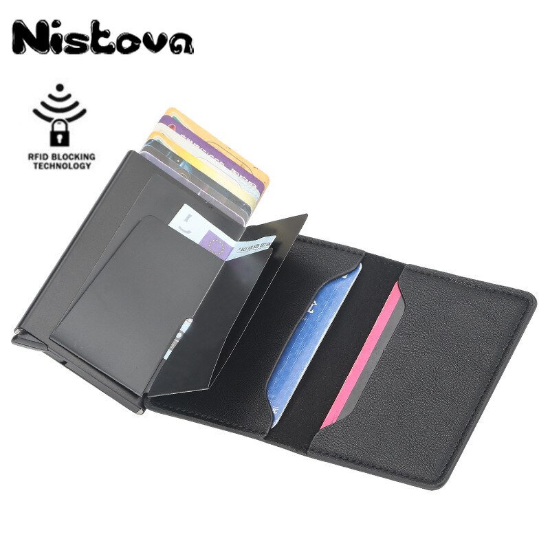 Nistova PU Leather Automatic Pop-up Business Card Card Holder RFID Vintage Aluminium Box Metal Crazy Horse Wallet Steel Wallet