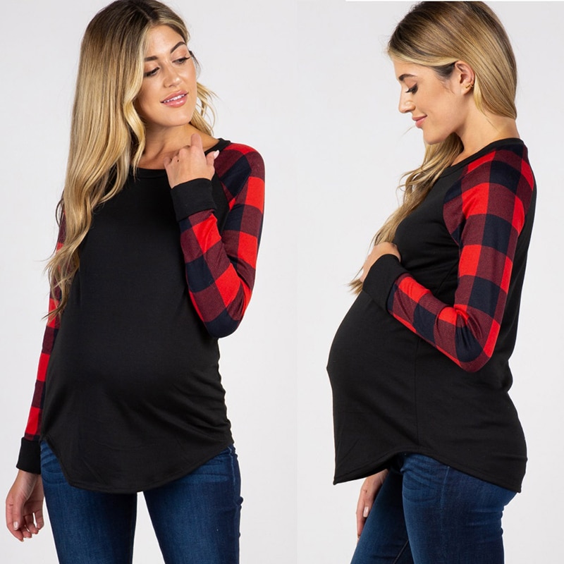 Dollplus Moederschap Tops voor Zwangere Vrouwen Lange Mouw Zwangere Shirt Plaid Tees Mom Zwangerschap T-shirts