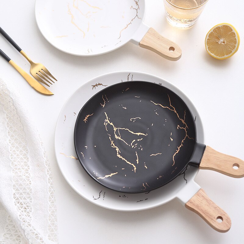 Marble Stripe Round Ceramic Pizza Pasta Plate Cookware Porcelain Sushi Tableware Wooden Bamboo Handle Hold In Hand Suspension