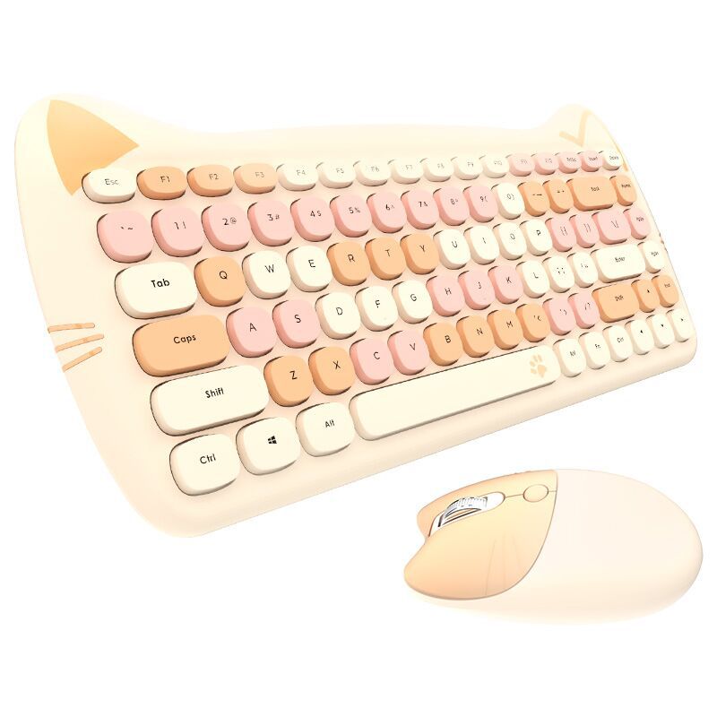 Cat Ear Shape Wireless Keyboard and Mouse Combos for PC 2.4GHz USB Receiver 84 Keys Keyboard 1600DPI Mouse: Yellow