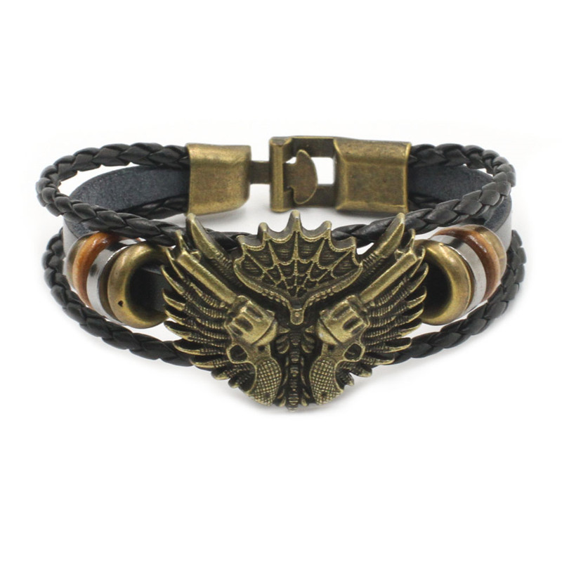 Bracciale da uomo moda retrò in pelle moto multistrato bracciale intrecciato a mano bracciale in acciaio inossidabile regalo per fidanzato: pistol