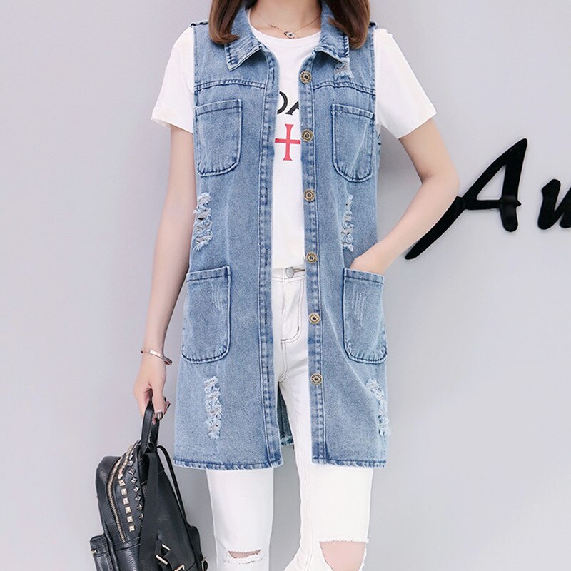 Gilets en Denim pour femmes printemps été déchiré Long trou jean gilet Femme sans manches décontracté veste d'extérieur