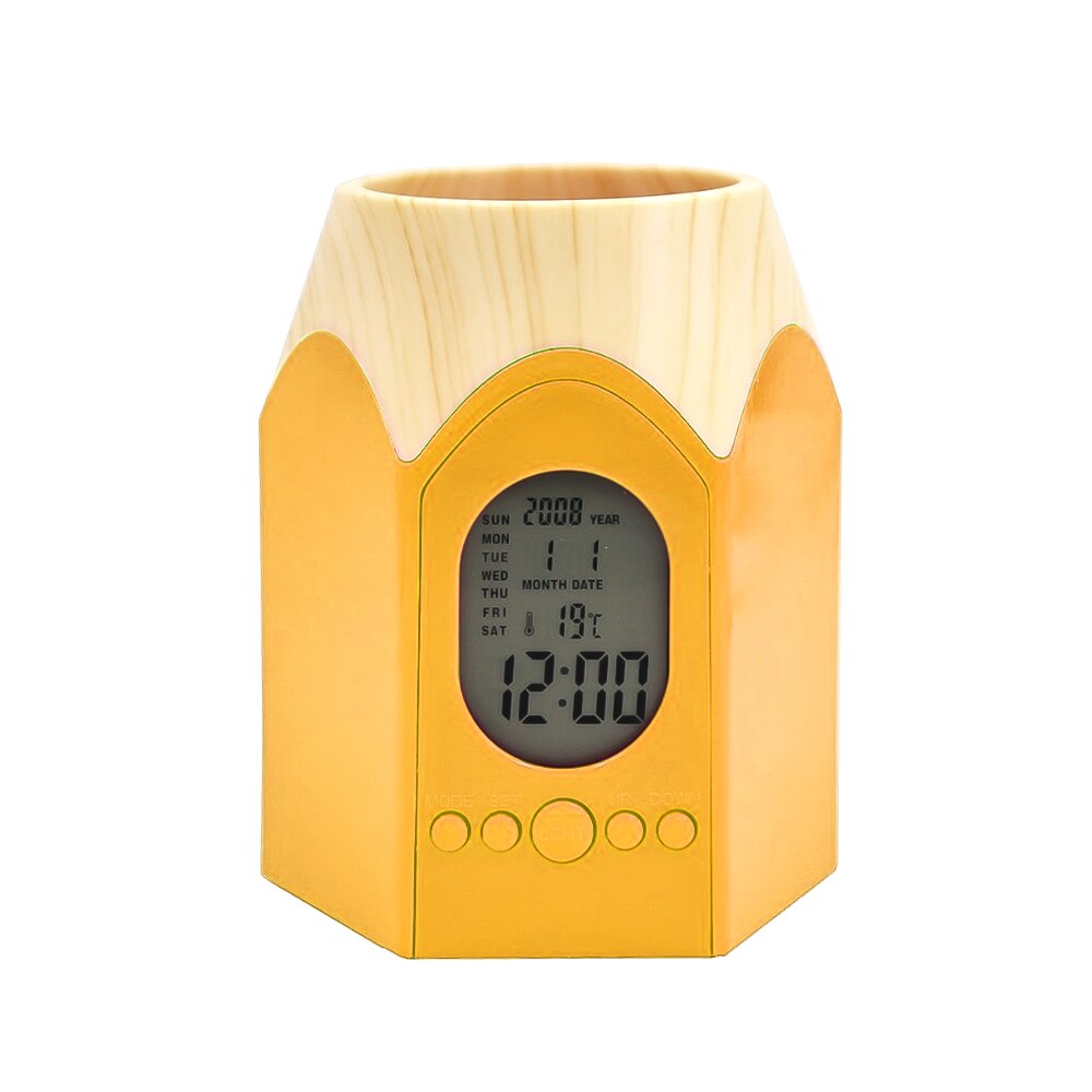 Pencil Head Shape Pen Holder with LED Digital Alarm Clock Multi-function Pencil Pot Table Clock with Office Temperature Calendar: Yellow