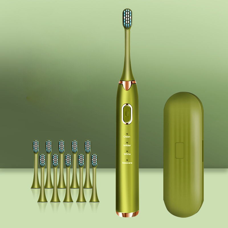 VIP Electric Toothbrush USB Rechargeable Support 4 Modes 3 Intensions IPX7 Waterproof Adult Toothbrush Automatic Sound Wave: Avocado Green 10Bush