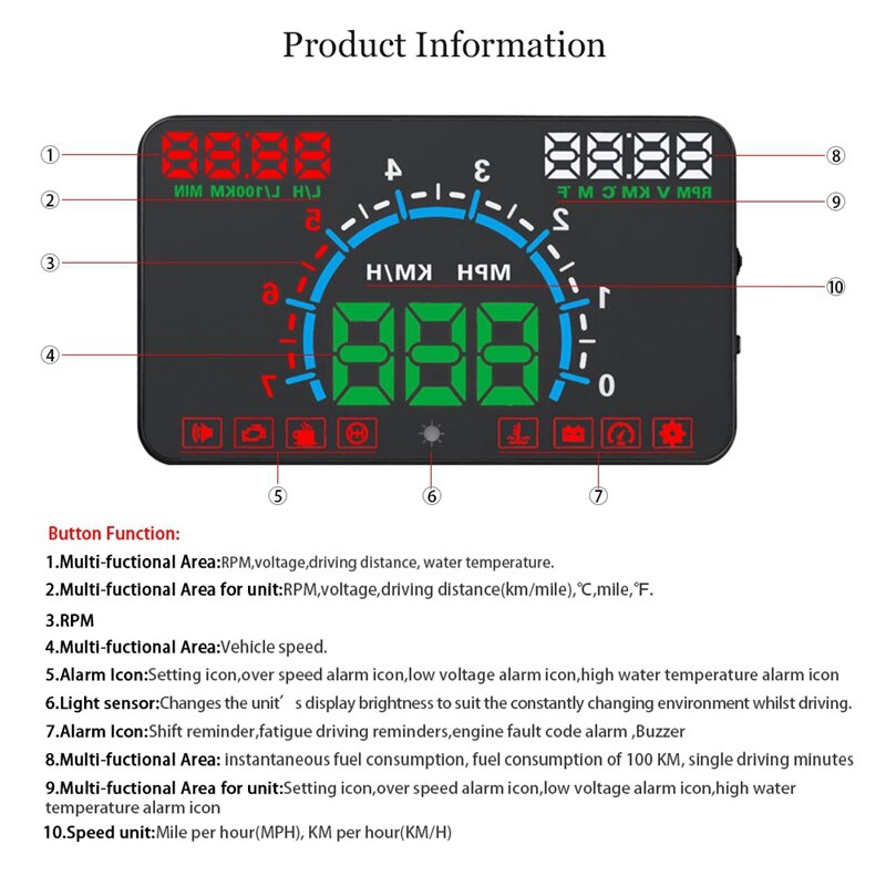 E350 5.8 auto head-up display windsn projector obd 2 auto rijgegevens snelheidswaarschuwing mph brandstofsnelheid