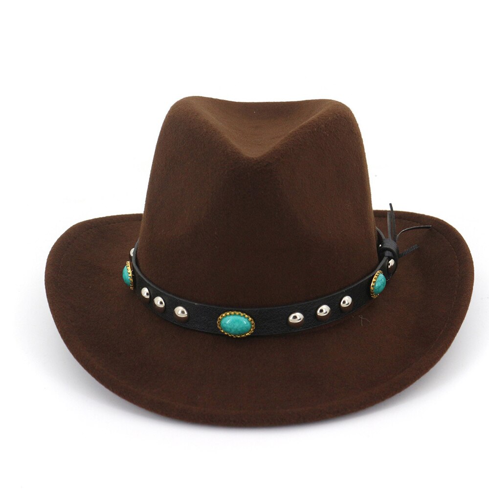 Men Women Wool Western Cowboy Hat With Punk Belt Sombrero Hombre Wide Brim Jazz Hat: Dark Coffee