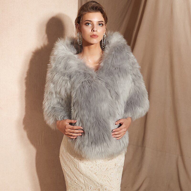 Vrouwen Bolero Bridal Shawl Faux Fur Wrap Bruiloft Cape Winter Ivoor Mantel: 103
