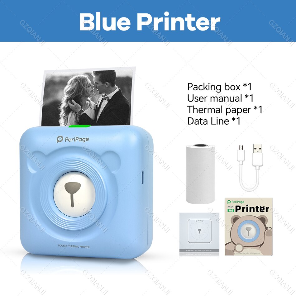 PeriPage A6 Portable Thermal Bluetooth Printer Picture Photo Mini Label Sticker Wireless Printer for Android IOS Paper Rolls: Blue Printer