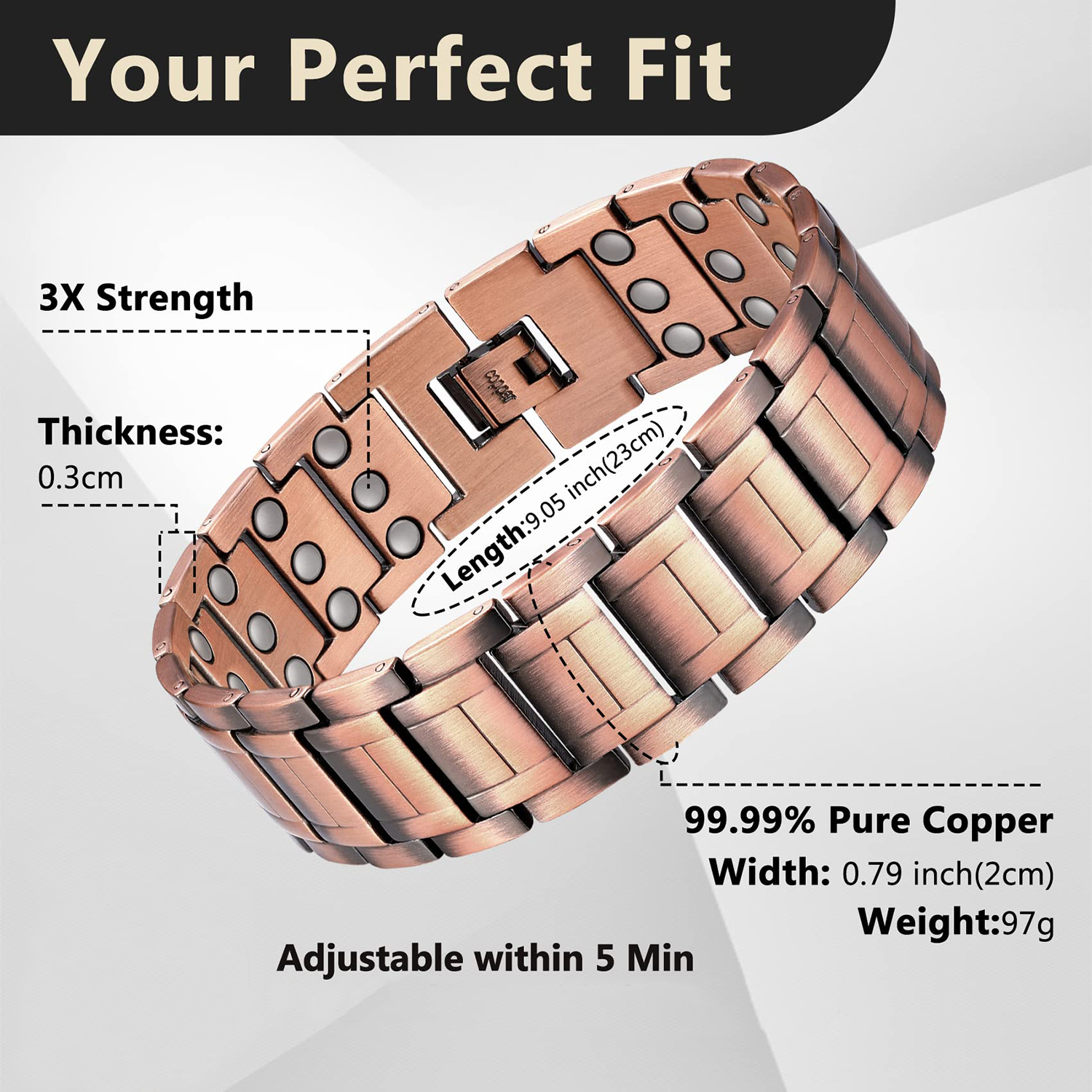 3x Sterkte Koperen Armbanden Voor Mannen Puur Koperen Magnetische Armband Met 3 Rij Neodymium Magneten Verstelbare Lengte Voor Mannen