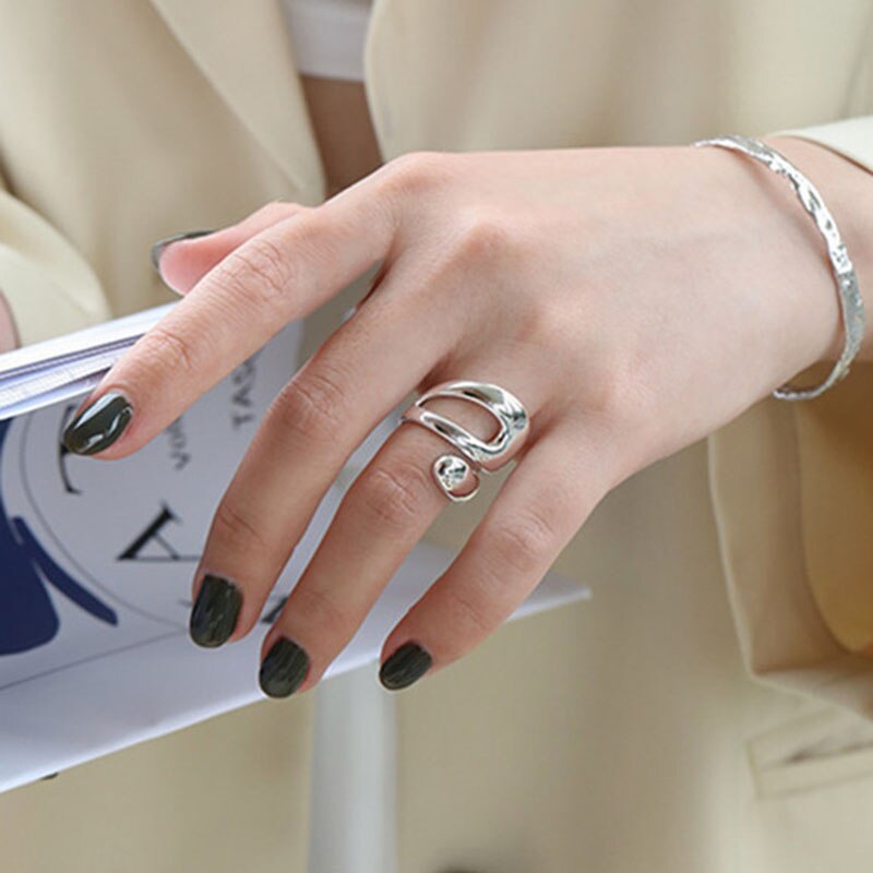 Foxanry Minimalistische 925 Sterling Zilveren Charm Ringen Voor Vrouwen Trendy Creatieve Water Hollow Geometrische Partij Sieraden
