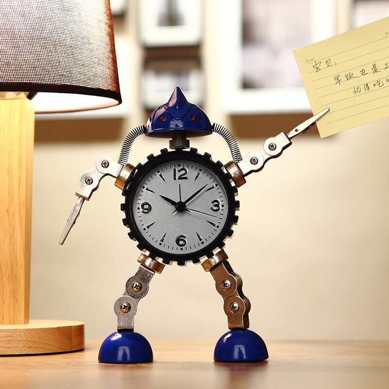Metal robot student uses cartoon children&#39;s silent alarm clock cute little alarm clock bedside clock: Blue