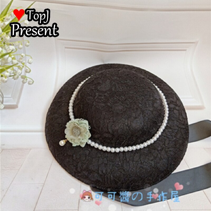 Lolita Hanyang eclectic hat retro linen flat hatGorgeous Hand made hat Ming Hanfu pearl bandage: black 7