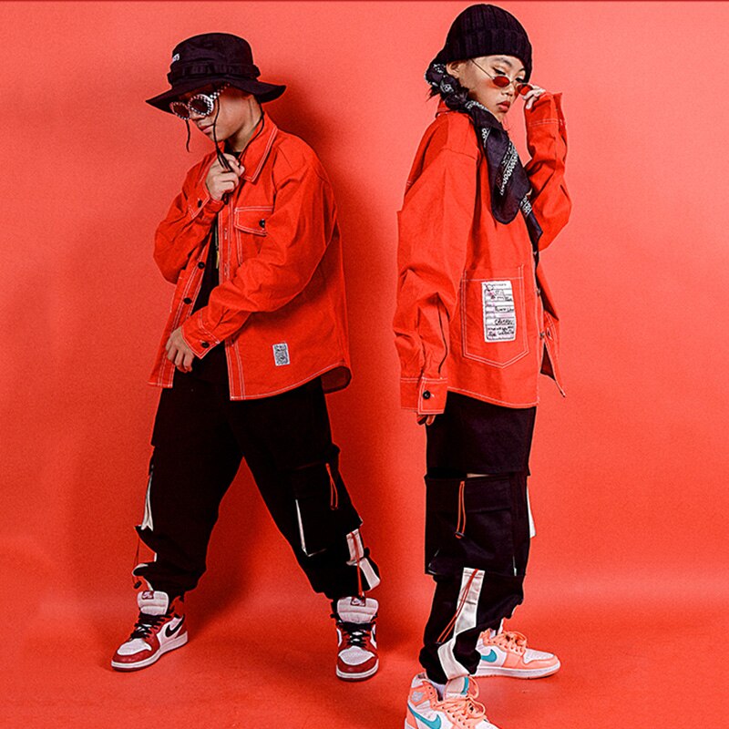 Hip Hop Kostüme Street Dance Set Jungen Red Shirt Mädchen Moderne Leistung Kleidung Jazz Cheerleader Bühne Rave Outfit Kid DN4624