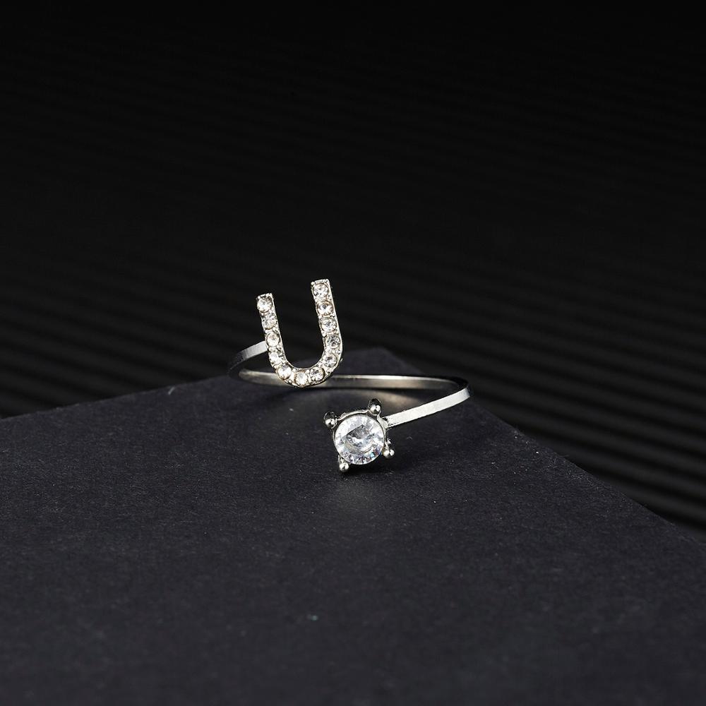 1pcs 26 Engels Letters A-Z Ringen Zilveren Kleur Strass Open Manchet Verstelbare Vinger Ringen Vrienden Paar Sieraden: U