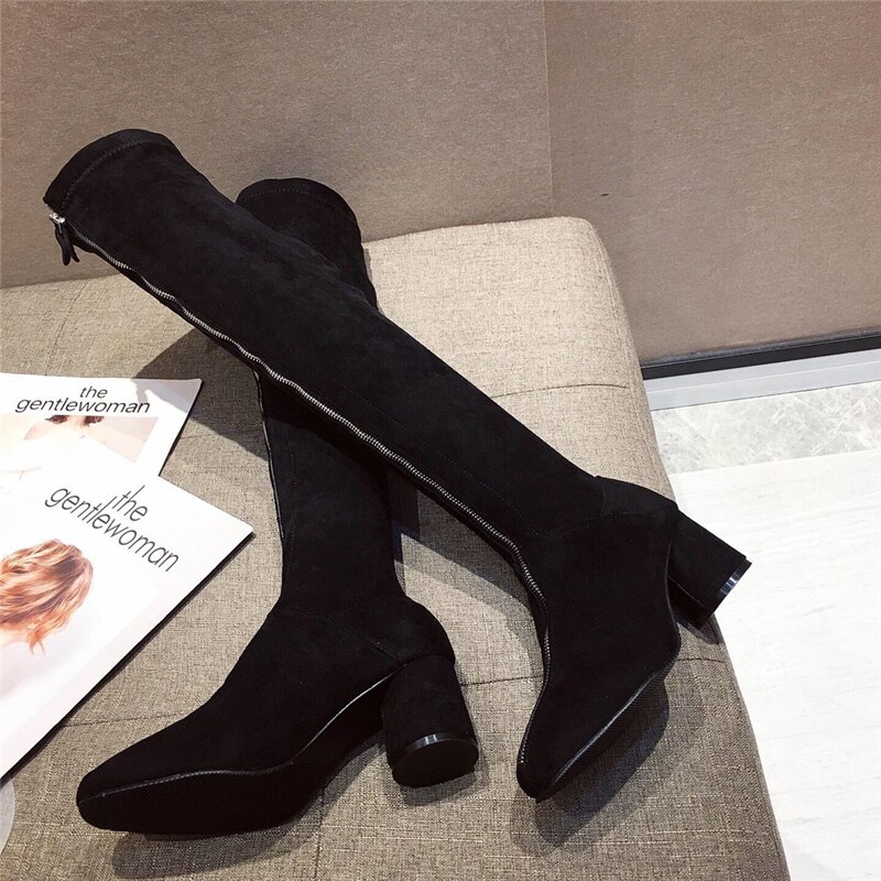 Botas por encima de la rodilla para mujer, botas de calcetín aterciopeladas de tacón alto redondas negras con cremalleras Botas Largas punta cuadrada hasta la rodilla botas Zapatos de vestir