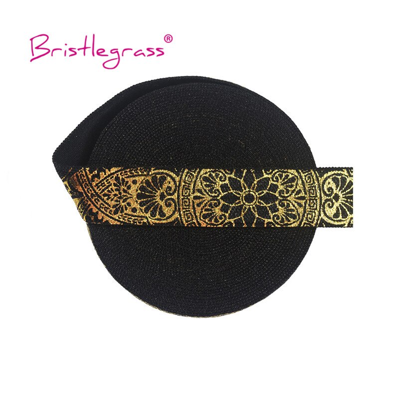 Bristlegrass 5 Yard 5/8 &quot;15Mm Gold Lotus Bloem Wijnstok Foliedruk Foldover Elastische Foe Spandex Band Hoofdband Tutu jurk Diy Naaien: Black