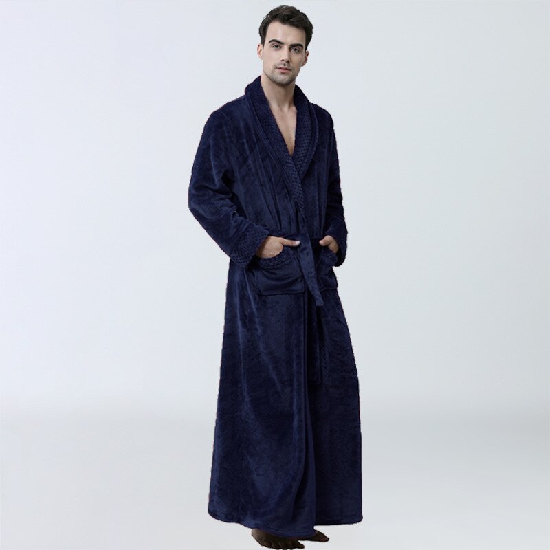 Men's Long Winter Bathrobe Soft Warm Flannel Pure Color Hotel Robe Red Wedding Robes Court Style Pajamas: dark blue / XL