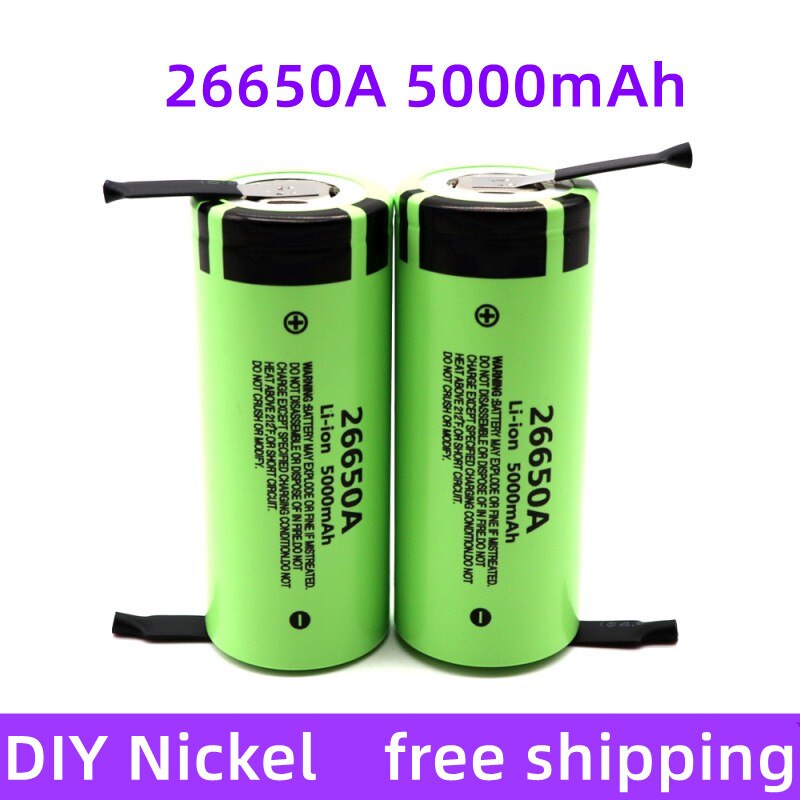 100% original 26650A 3.7V 5000mAh large capacity 26650 lithium ion rechargeable battery (with DIY nickel sheet)