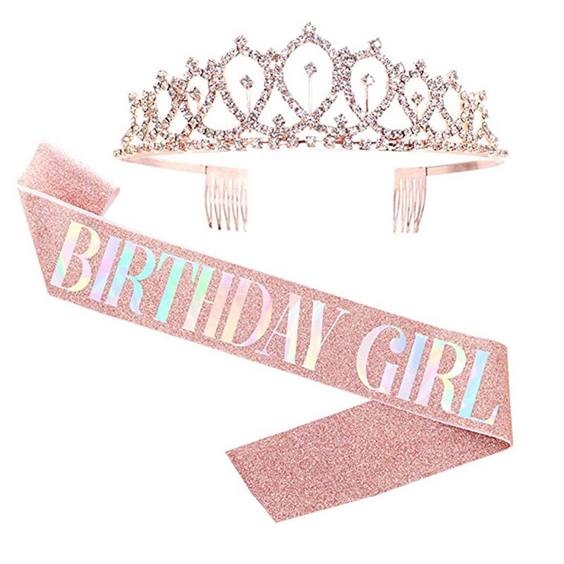 Bling Rhinestone Crystal Crown Tiara Birthday Anniversary Decoration Happy 18 21 30 40 50th Birthday Satin Sash Party Supplies