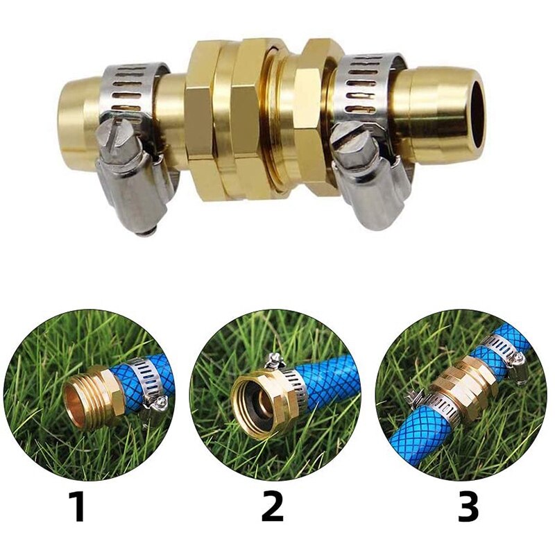 3 Sets Brass Garden Hose Repair Kit,Water Hose Mender Male Female Connector with Stainless Clamp (3/4-5/8)