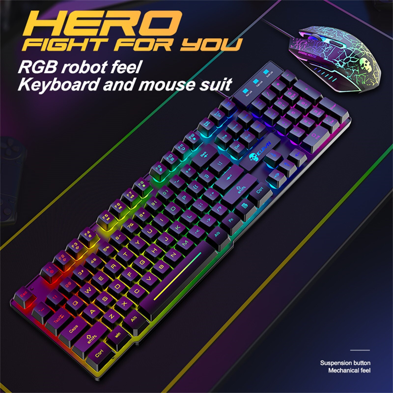 T6 Wired Gaming Keyboards 2400DPI Gaming Mouse Combo with Mouse Pad Rainbow Multi Backlight USB Wired Gaming Mouse Set #BL2