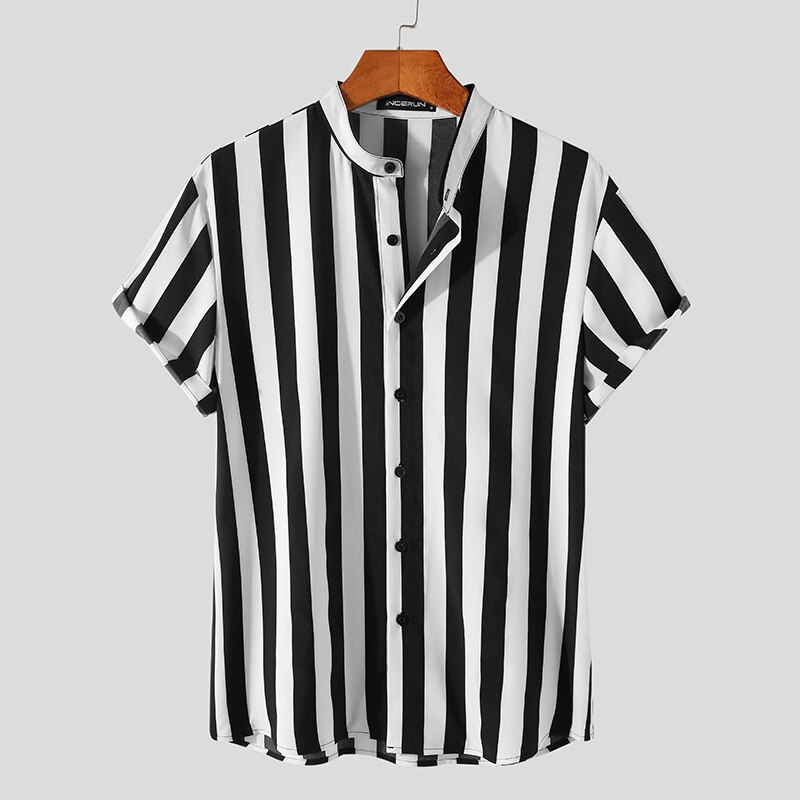 Men Striped Shirt Brand Stand Collar Streetwear Short Sleeve Button Casual Camisas Summer Men Clothing INCERUN S-5XL: S