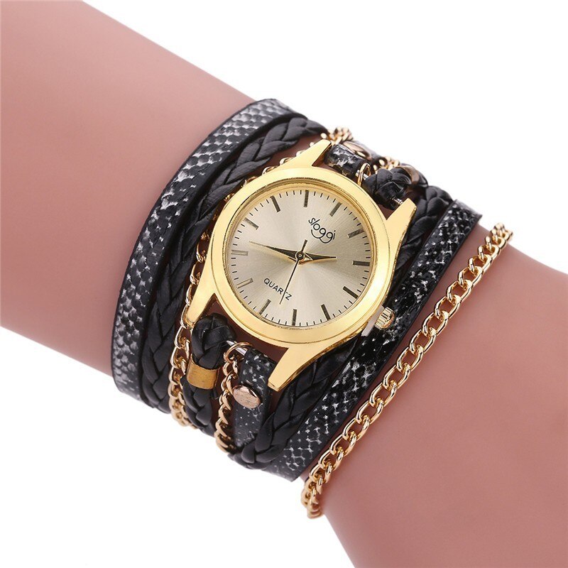 de luxe en cuir montre à Quartz femmes dames décontracté Bracelet montre-Bracelet horloge relogio feminino léopard tressé femme: Black