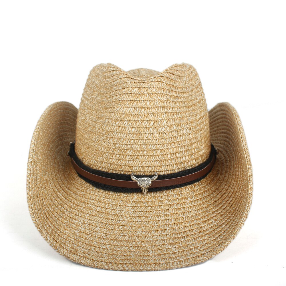 Hule vestlige cowboy hat kvinder mænd sommer halm sombrero hombre strand cowgirl jazz sol hat størrelse 57-59cm: Khaki