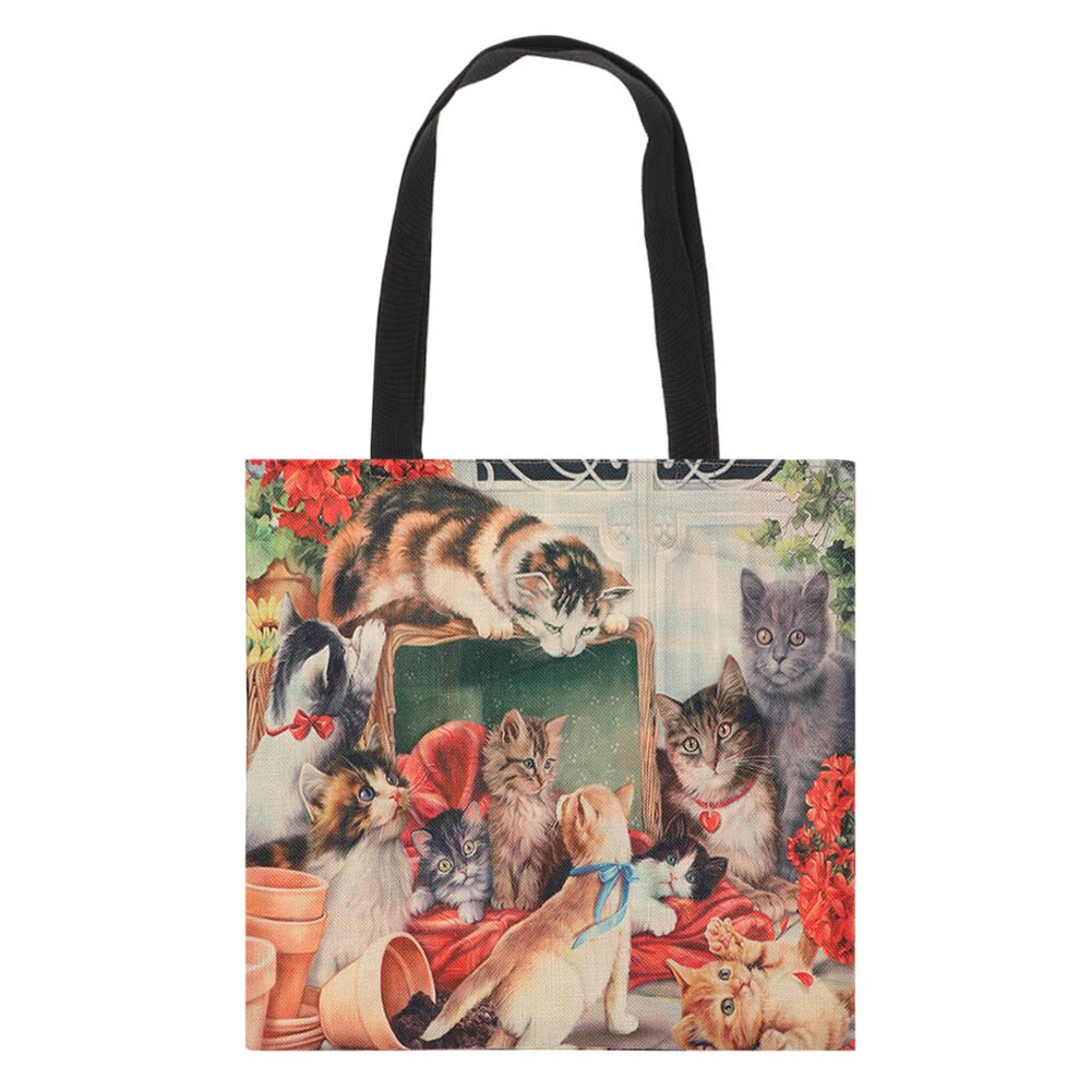 Women Printed Shopping Bag Casual Single Shoulder Bag Waterproof Cartoon Large Linen Cat Oil Shopper Tote Handbag: 06