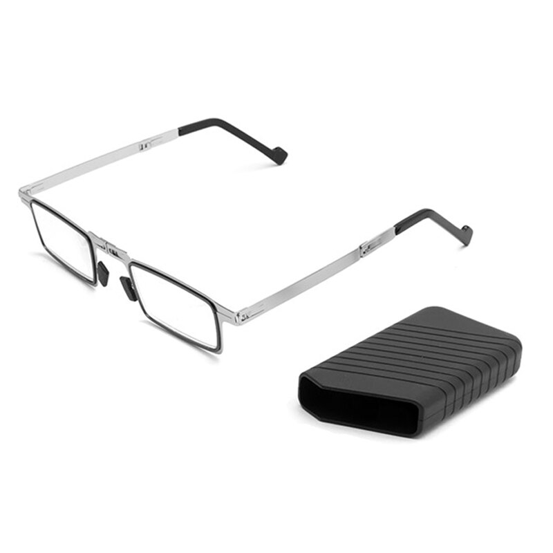 Modieuze Mini Folding Leesbril Voor Mannen Anti-Blauw Licht Verziend Glazen Opvouwbare Full Frame Metalen Zwart Met Case: +100