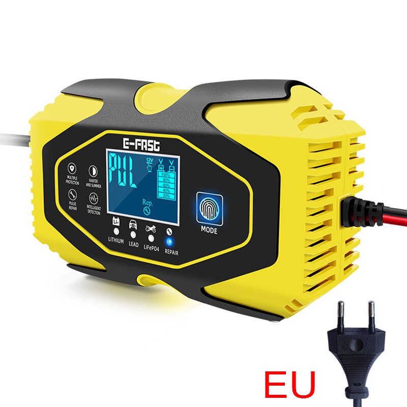 12V 24V Car Motorcycle Battery Charger Lithium Iron Lithium Charger Memory Function Fast Charging Repair: EU-Yellow